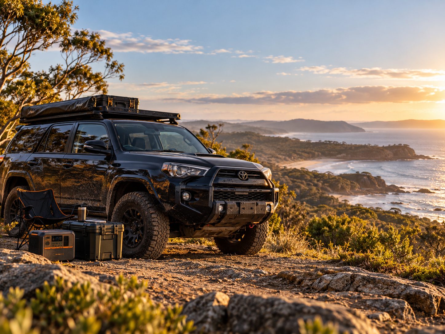 4WD with a BLUETTI power station at a coastal lookout at sunset