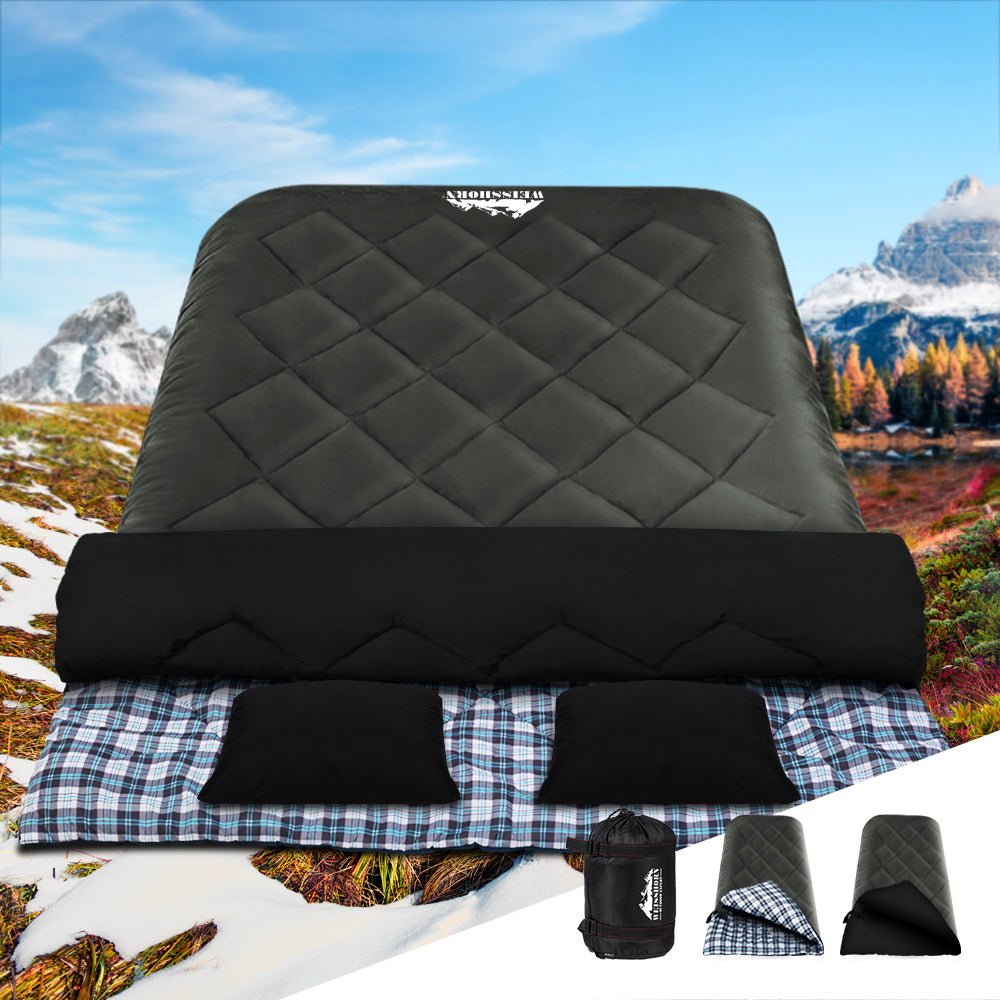 Buy Weisshorn Sleeping Bag Double Pillow Thermal Camping Hiking Tent Grey - 10&deg;C - Mud Tracks