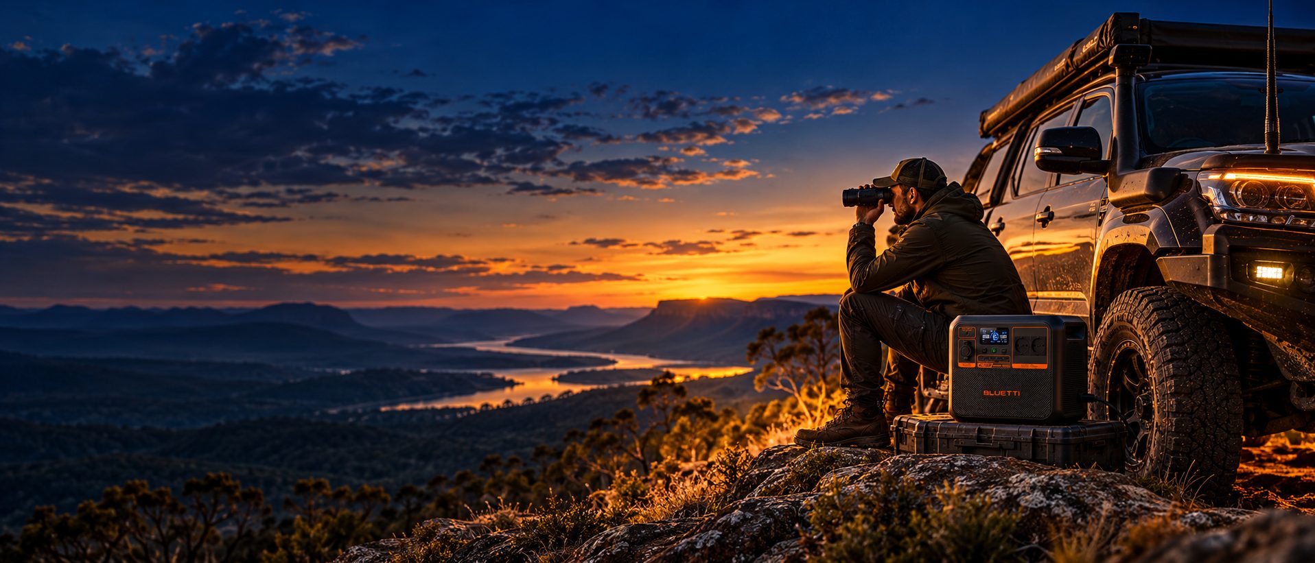 4WD at a sunset lookout with a BLUETTI power station and a man scanning the valley with binoculars